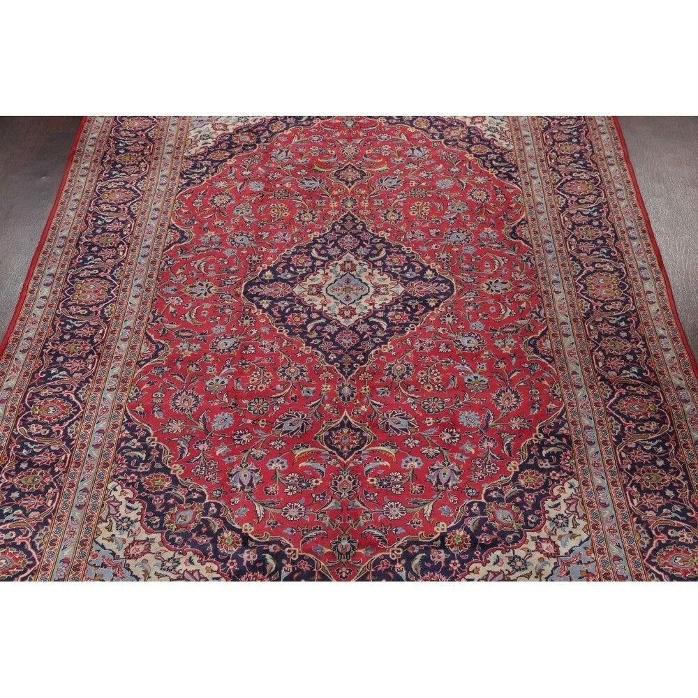 Vintage Kashan Medallion Traditional Hand-Knotted Wool Persian Rug - 10'11" x 8'1"