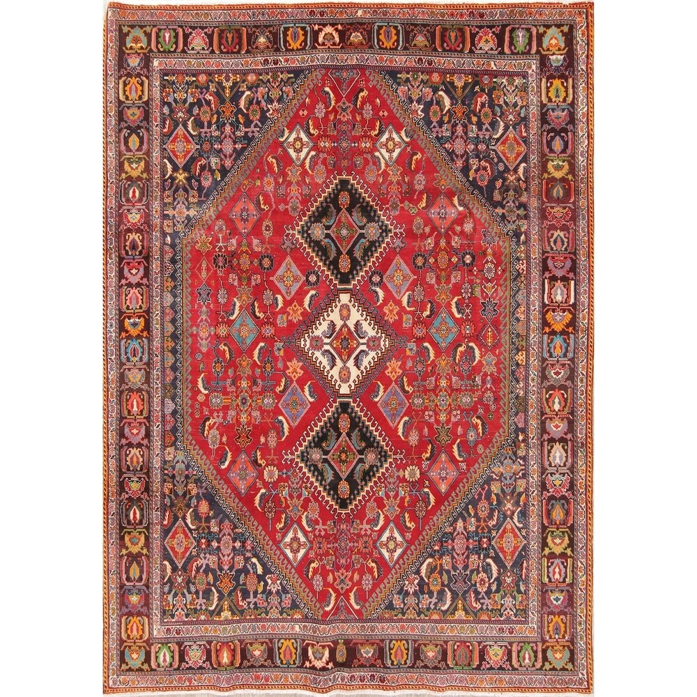 Vintage Kashkoli Geometric Hand-Knotted Wool Persian Oriental Area Rug - 9'7" x 6'8"