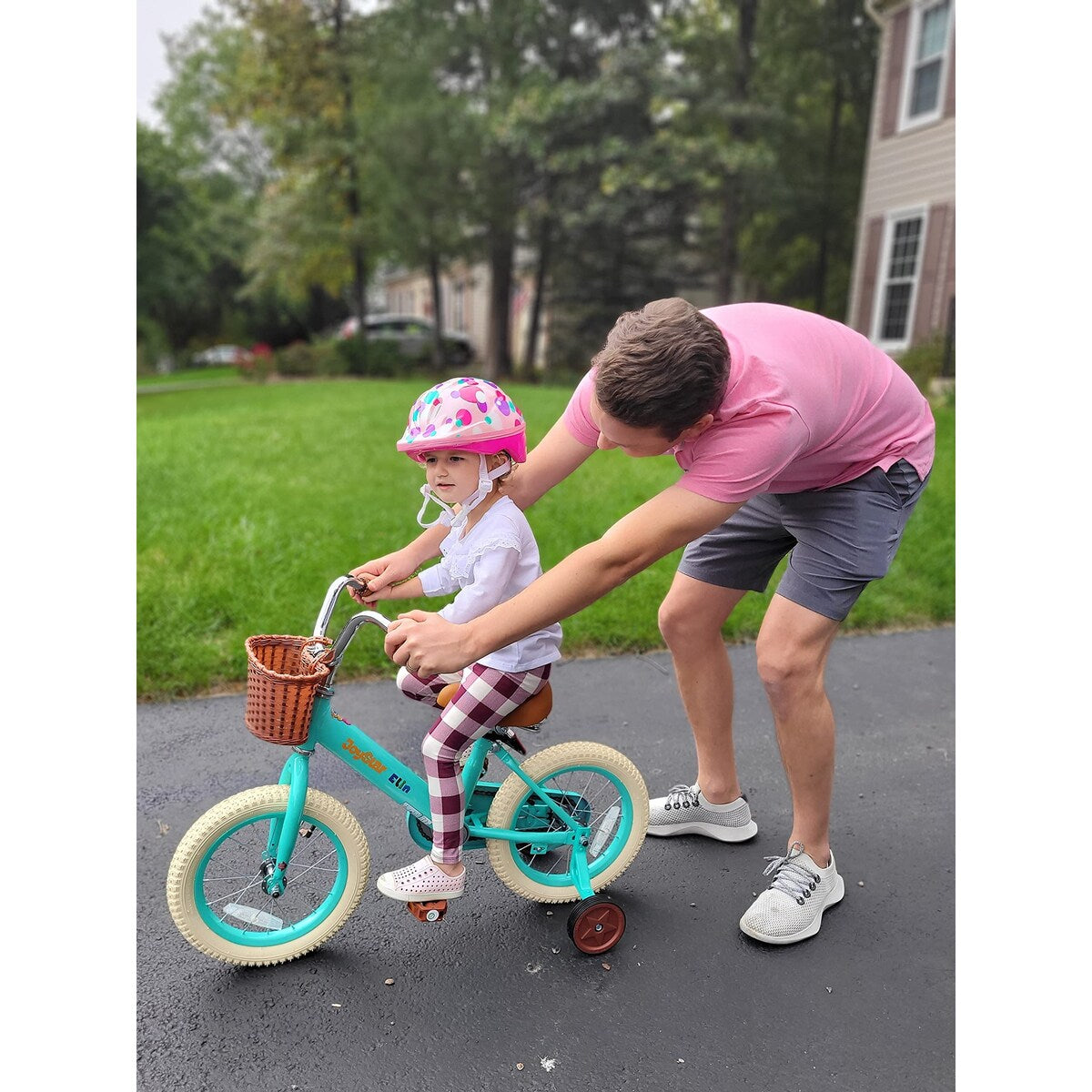 Vintage Kids Bike with Training Wheels & Basket, 14 Inch Kids Bicycle for 2-14 Years Girls & Boys (Green Beige Pink)