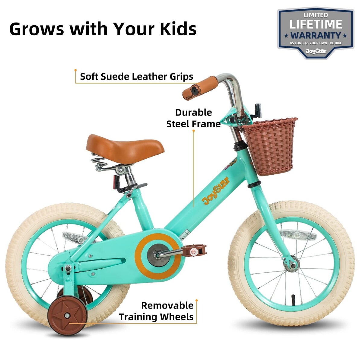 Vintage Kids Bike with Training Wheels & Basket, 14 Inch Kids Bicycle for 2-14 Years Girls & Boys (Green Beige Pink)