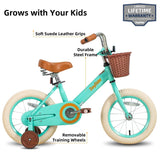 Vintage Kids Bike with Training Wheels & Basket, 14 Inch Kids Bicycle for 2-14 Years Girls & Boys (Green Beige Pink)