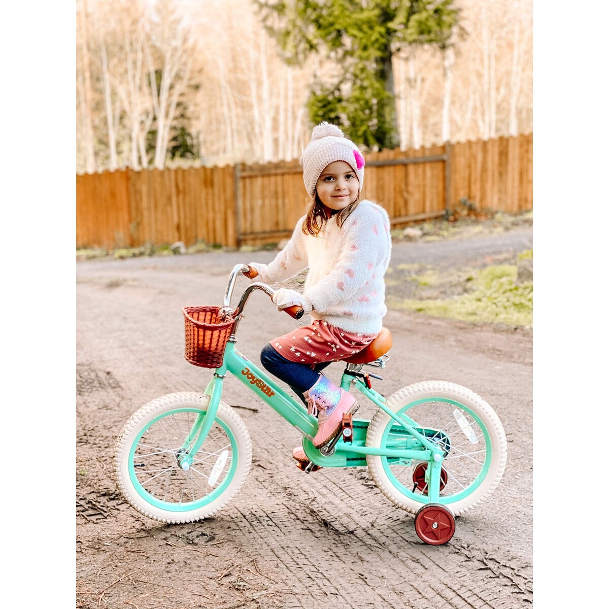 Vintage Kids Bike with Training Wheels & Basket, 14 Inch Kids Bicycle for 2-14 Years Girls & Boys (Green Beige Pink)