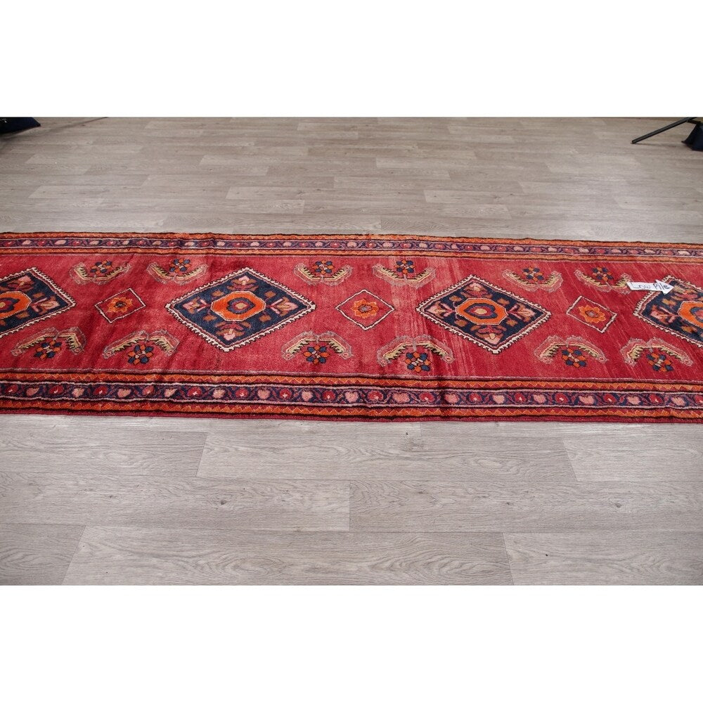 Vintage Lilian Diamond Oriental Hand Knotted Wool Persian Rug - 11'9" x 3'5" Runner