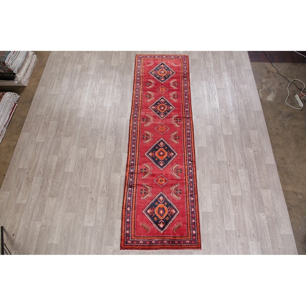 Vintage Lilian Diamond Oriental Hand Knotted Wool Persian Rug - 11'9" x 3'5" Runner
