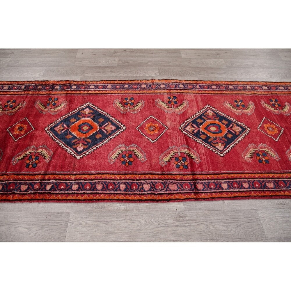 Vintage Lilian Diamond Oriental Hand Knotted Wool Persian Rug - 11'9" x 3'5" Runner