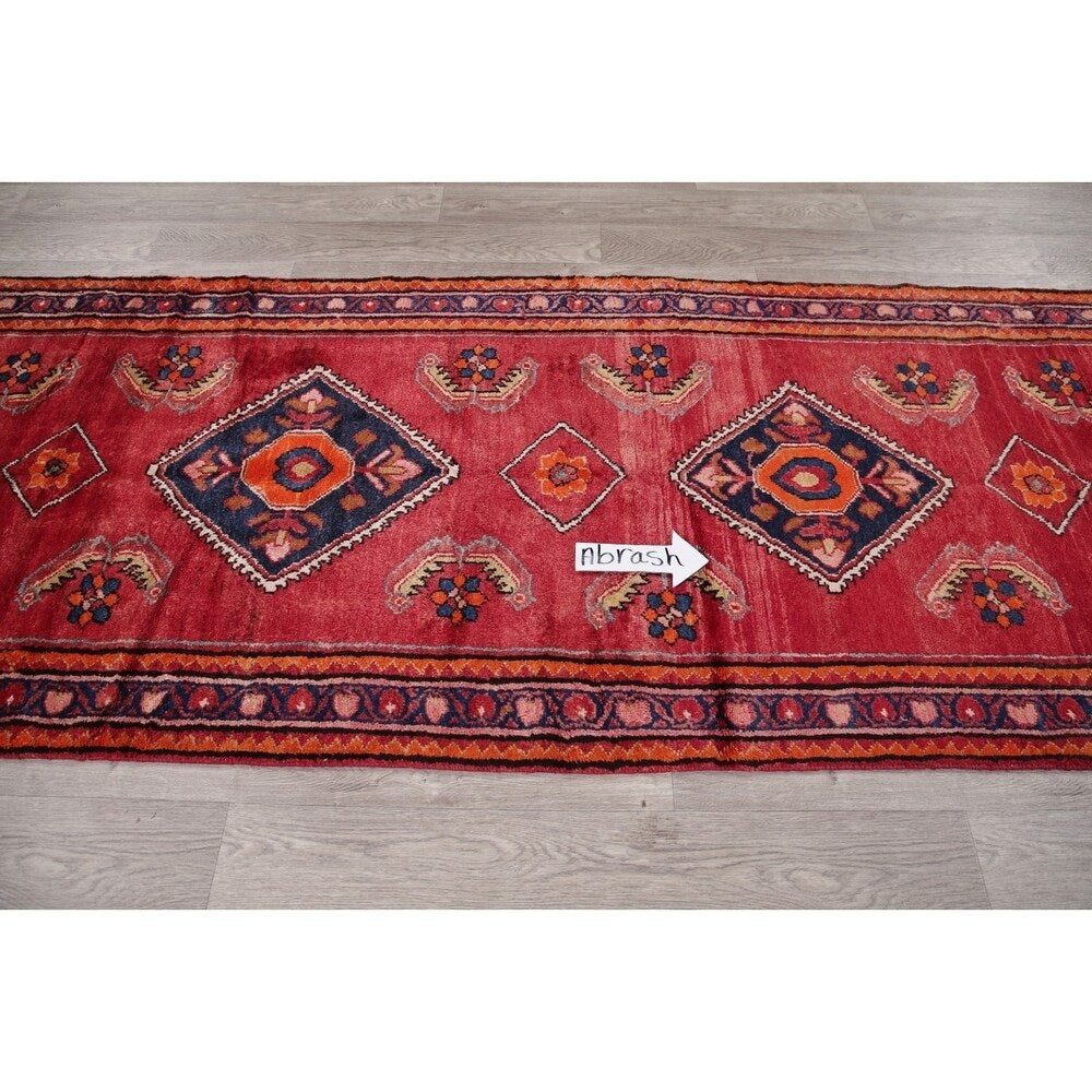 Vintage Lilian Diamond Oriental Hand Knotted Wool Persian Rug - 11'9" x 3'5" Runner