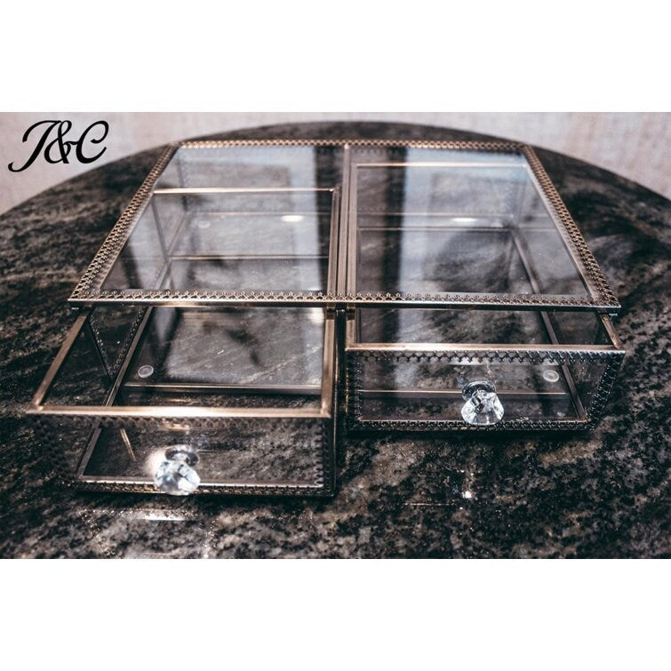 Vintage Mirrored Glass High Level Makeup Organizer With Diamond Cut - Silver