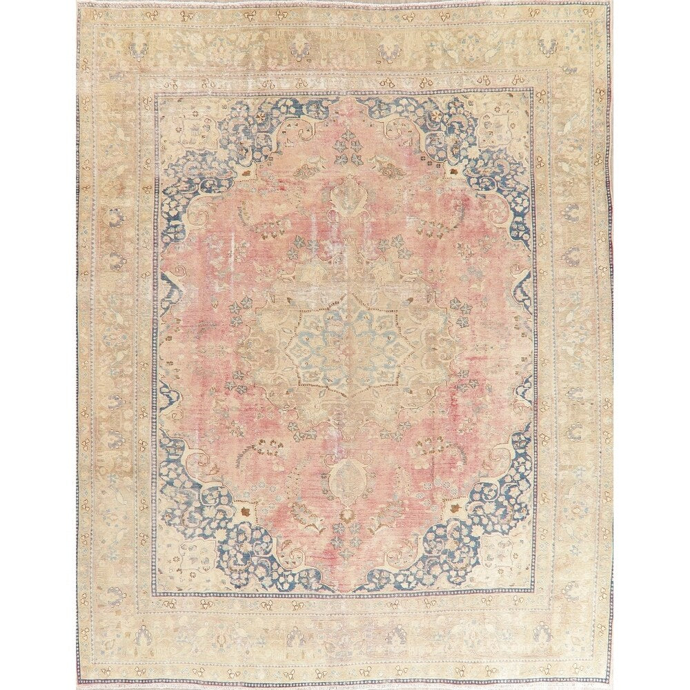 Vintage Muted Distressed Medallion Hand Knotted Persian Area Rug - 12'5" x 9'9"