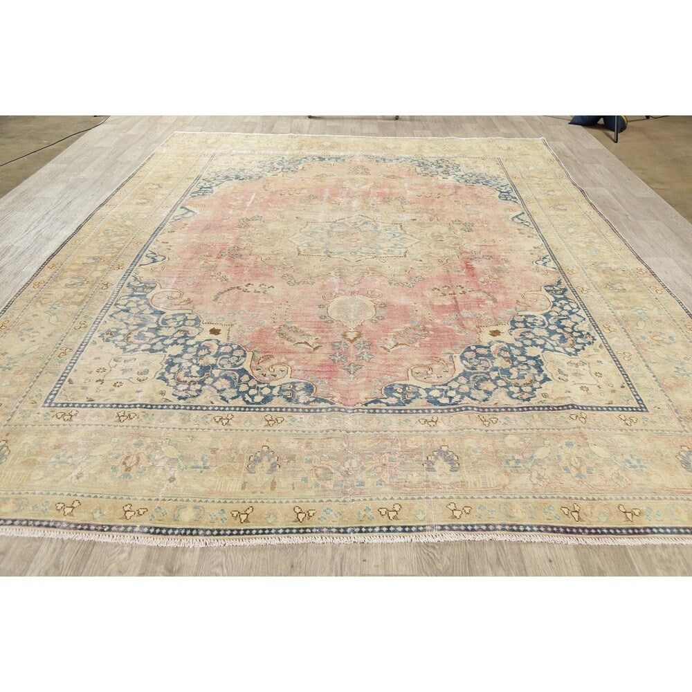 Vintage Muted Distressed Medallion Hand Knotted Persian Area Rug - 12'5" x 9'9"