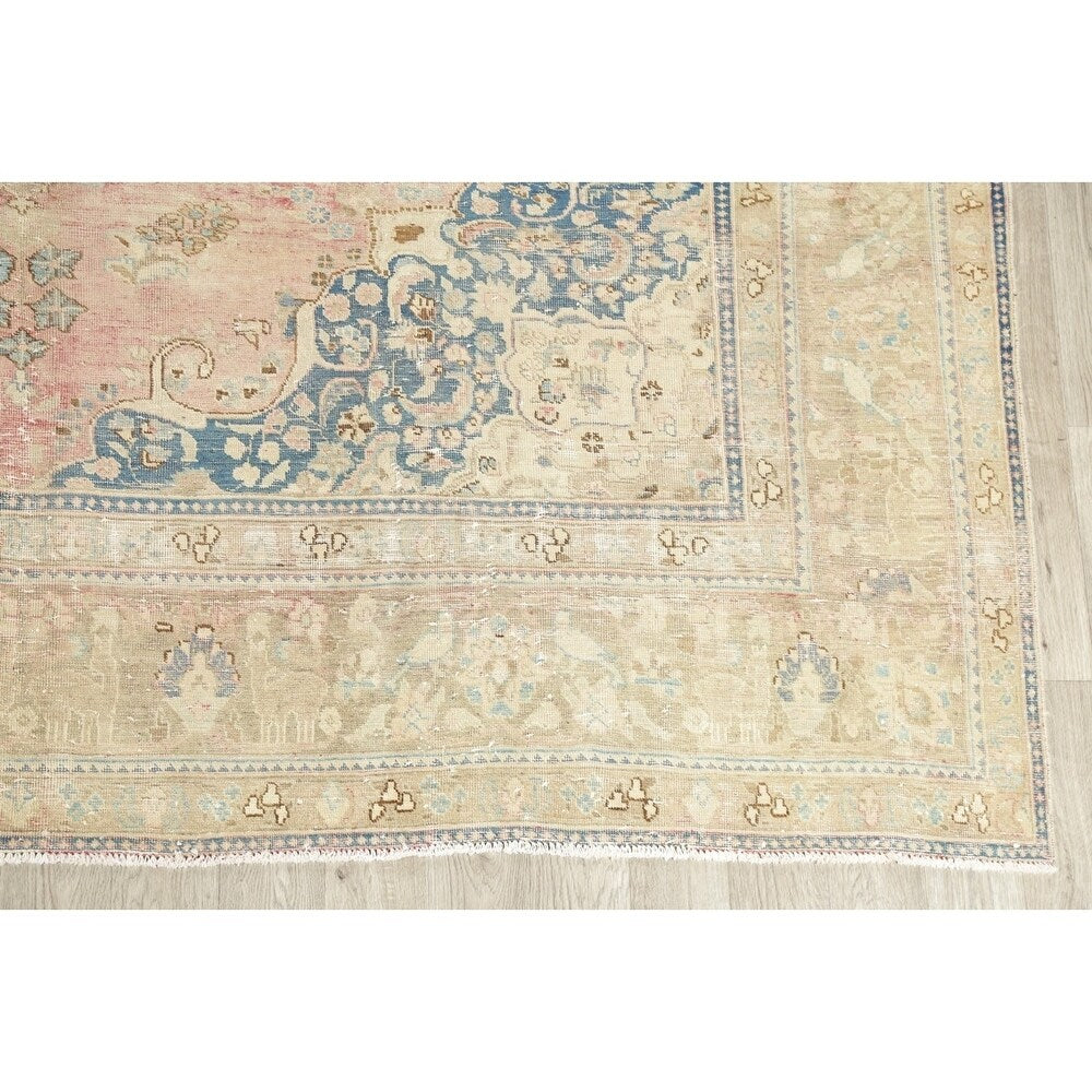 Vintage Muted Distressed Medallion Hand Knotted Persian Area Rug - 12'5" x 9'9"