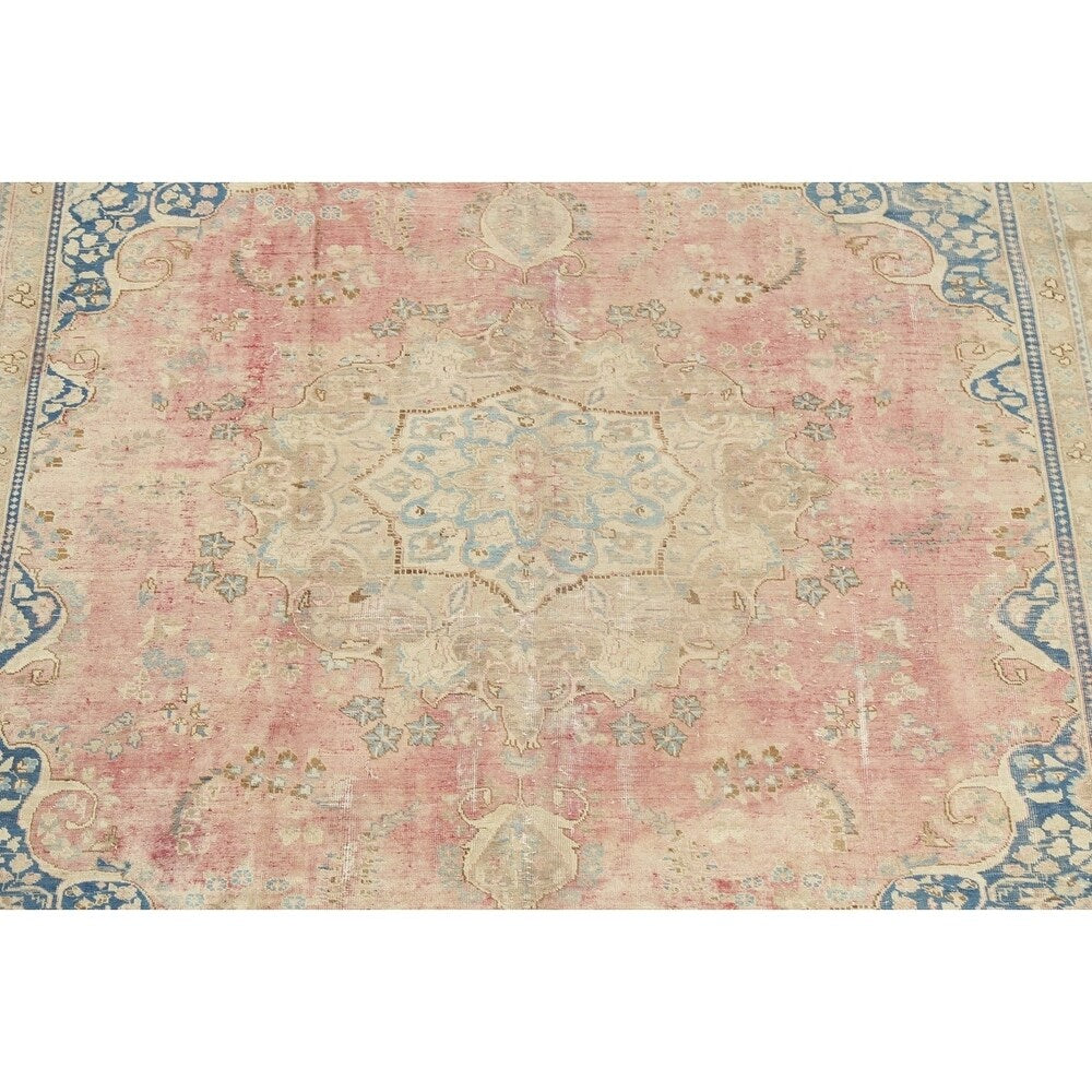 Vintage Muted Distressed Medallion Hand Knotted Persian Area Rug - 12'5" x 9'9"