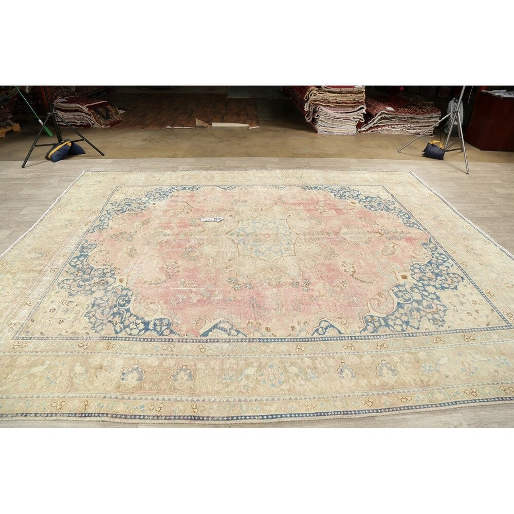 Vintage Muted Distressed Medallion Hand Knotted Persian Area Rug - 12'5" x 9'9"
