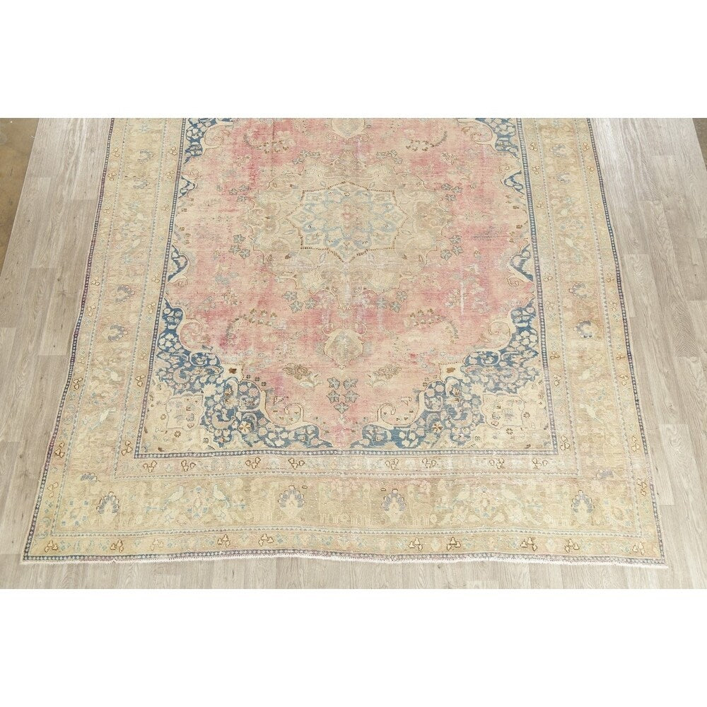 Vintage Muted Distressed Medallion Hand Knotted Persian Area Rug - 12'5" x 9'9"
