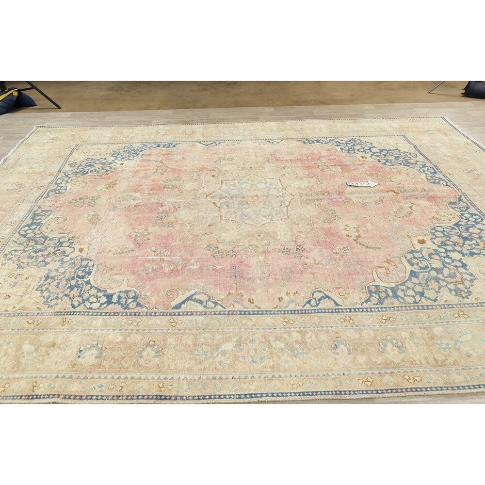 Vintage Muted Distressed Medallion Hand Knotted Persian Area Rug - 12'5" x 9'9"