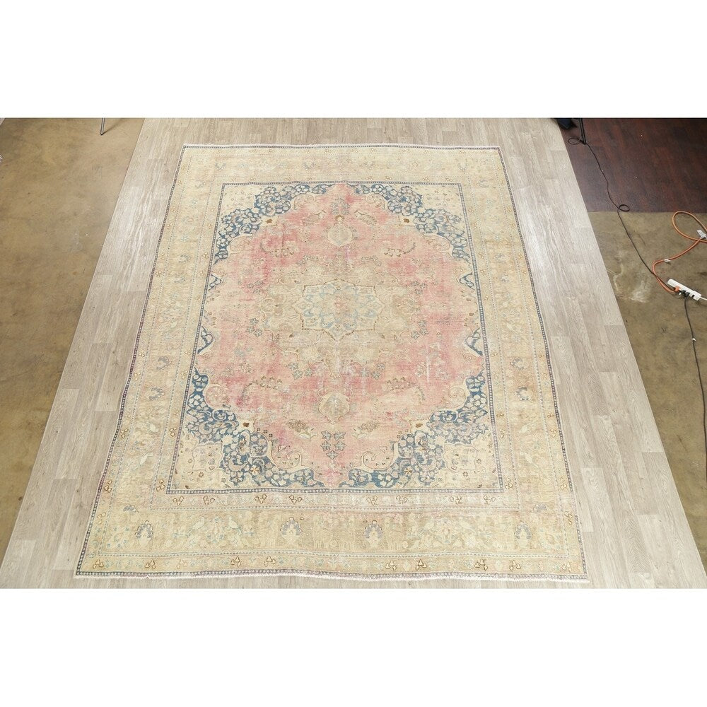 Vintage Muted Distressed Medallion Hand Knotted Persian Area Rug - 12'5" x 9'9"