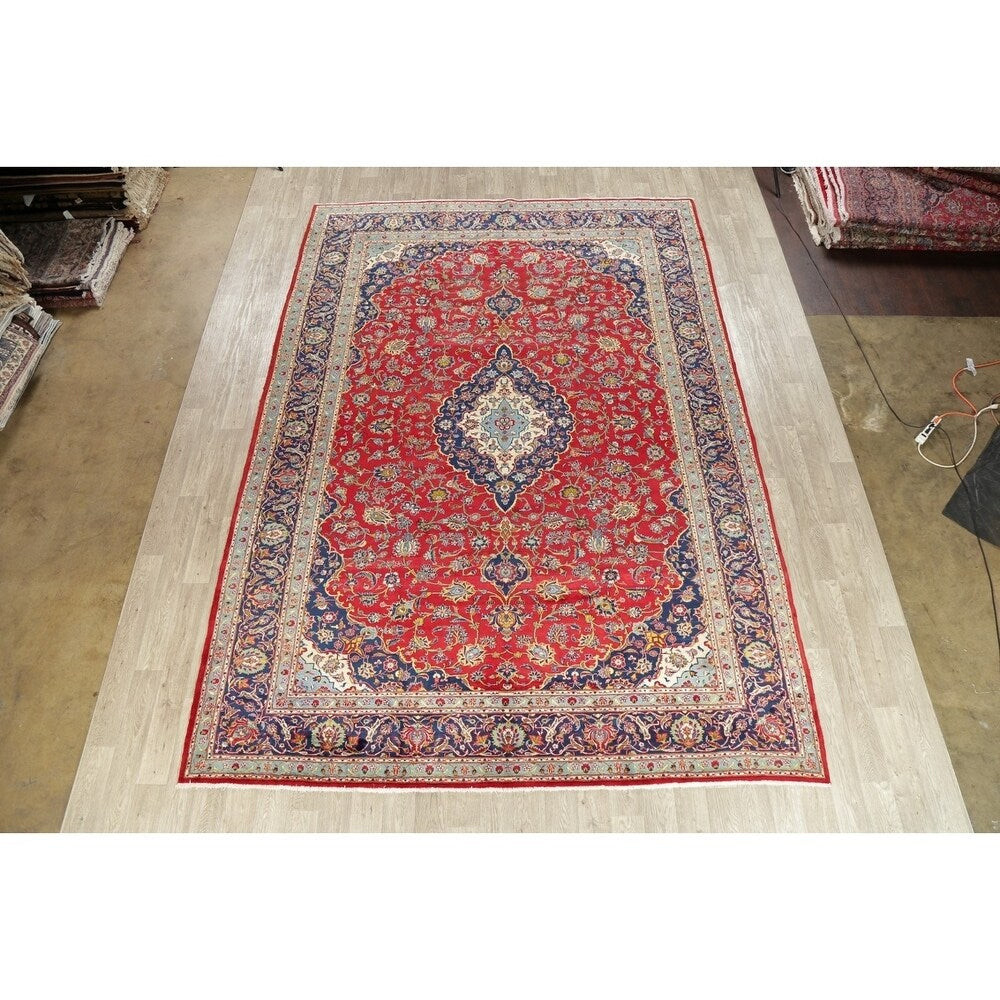 Vintage Oriental Hand Knotted Carpet Medallion Kashan Persian Area Rug - 13'7" X 9'8"
