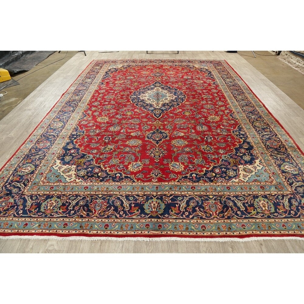 Vintage Oriental Hand Knotted Carpet Medallion Kashan Persian Area Rug - 13'7" X 9'8"