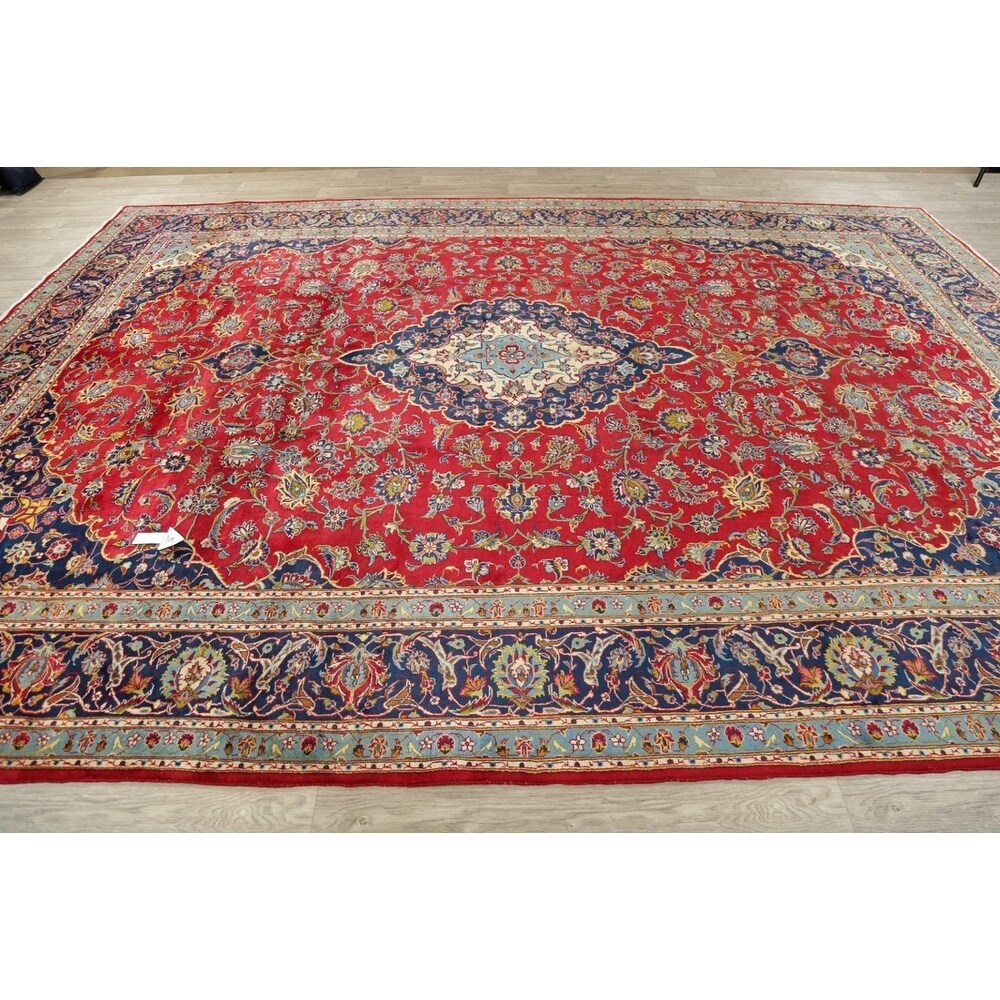 Vintage Oriental Hand Knotted Carpet Medallion Kashan Persian Area Rug - 13'7" X 9'8"