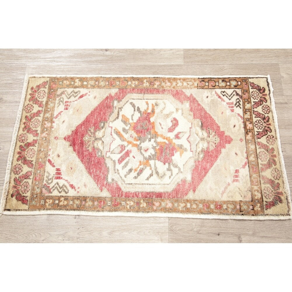 Vintage Oushak Oriental Tribal Hand Knotted Wool Turkish Area Rug - 3'1" x 1'10"