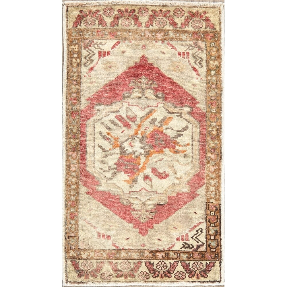 Vintage Oushak Oriental Tribal Hand Knotted Wool Turkish Area Rug - 3'1" x 1'10"