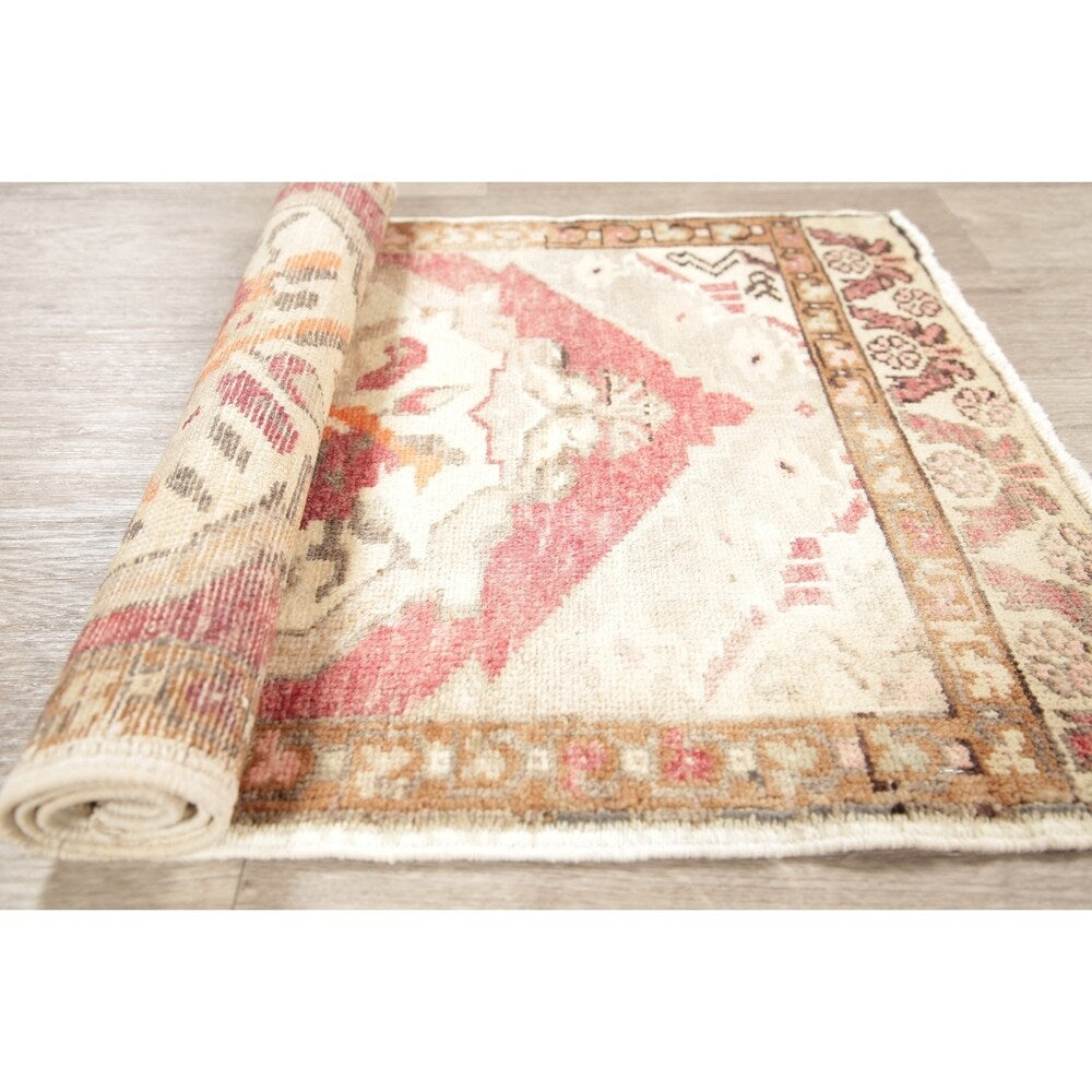 Vintage Oushak Oriental Tribal Hand Knotted Wool Turkish Area Rug - 3'1" x 1'10"