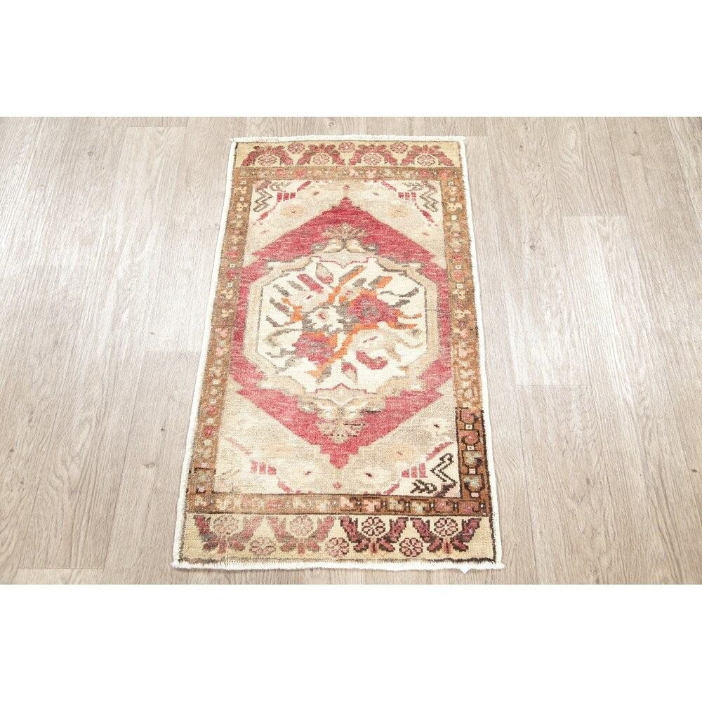 Vintage Oushak Oriental Tribal Hand Knotted Wool Turkish Area Rug - 3'1" x 1'10"
