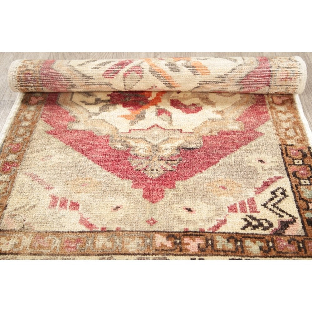 Vintage Oushak Oriental Tribal Hand Knotted Wool Turkish Area Rug - 3'1" x 1'10"
