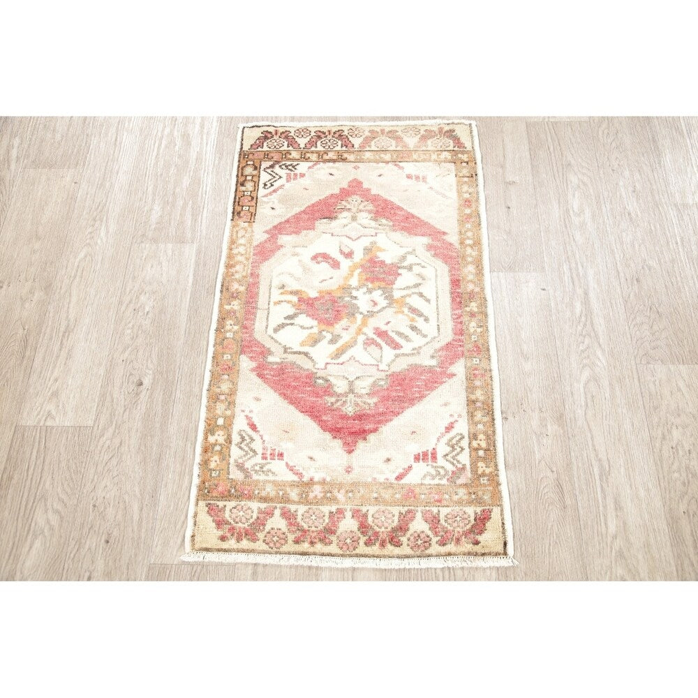 Vintage Oushak Oriental Tribal Hand Knotted Wool Turkish Area Rug - 3'1" x 1'10"