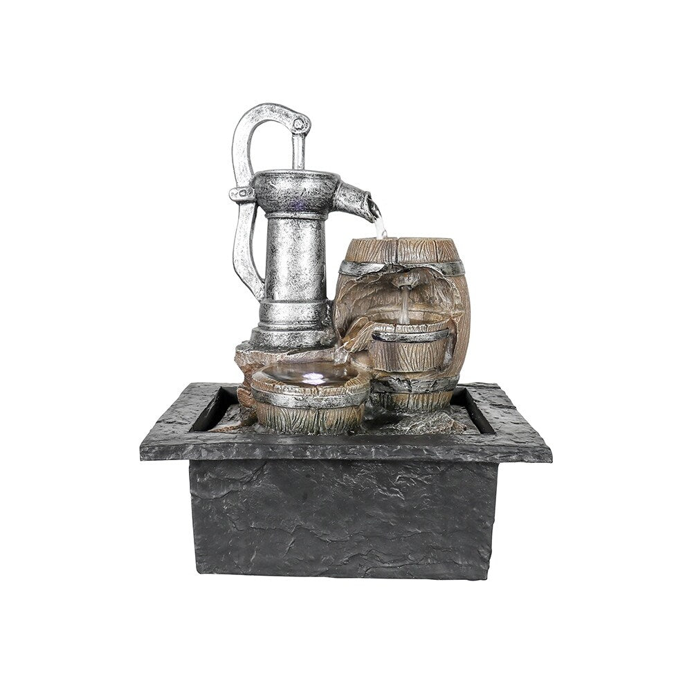 Vintage Pump and Barrels Tabletop Water Fountain w/LED Light for Home