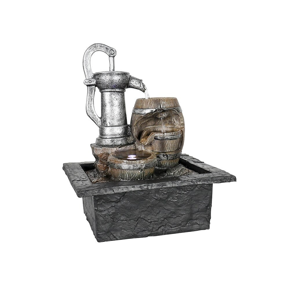 Vintage Pump and Barrels Tabletop Water Fountain w/LED Light for Home