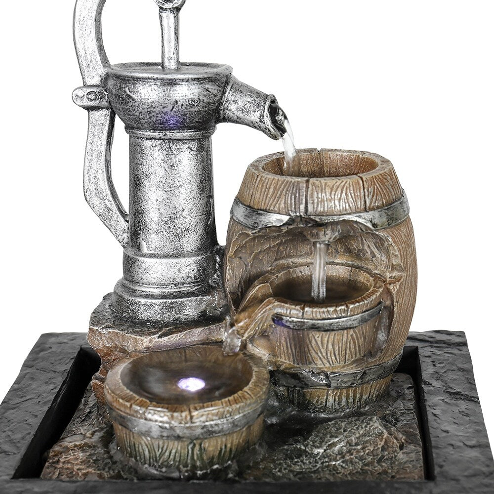 Vintage Pump and Barrels Tabletop Water Fountain w/LED Light for Home
