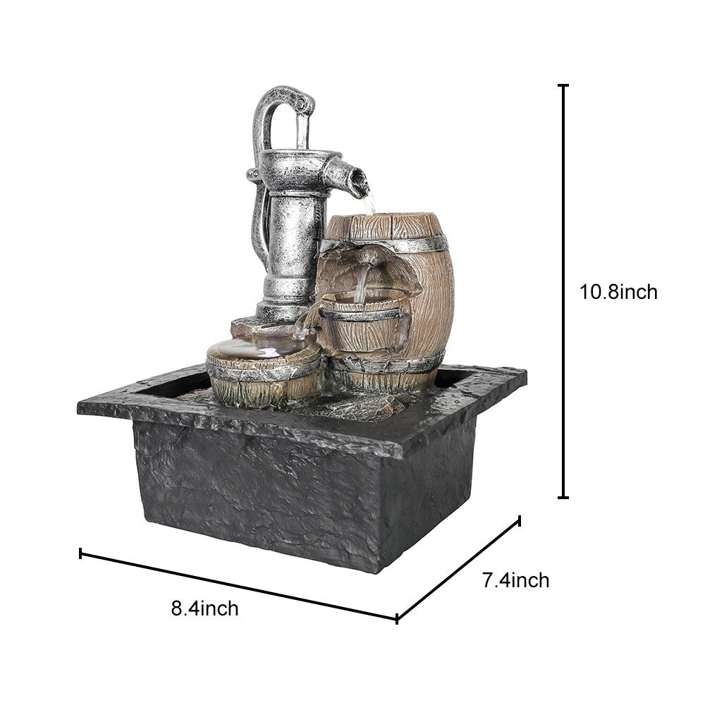 Vintage Pump and Barrels Tabletop Water Fountain w/LED Light for Home