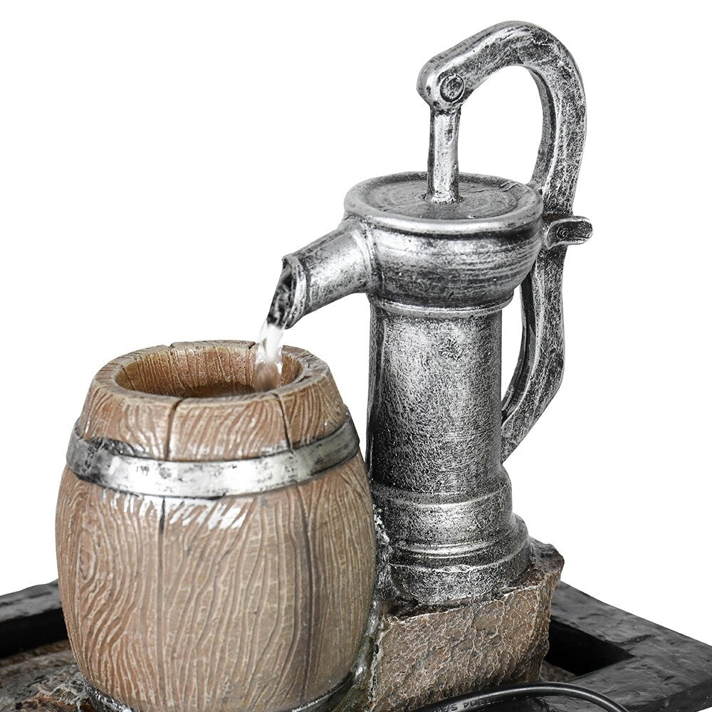 Vintage Pump and Barrels Tabletop Water Fountain w/LED Light for Home
