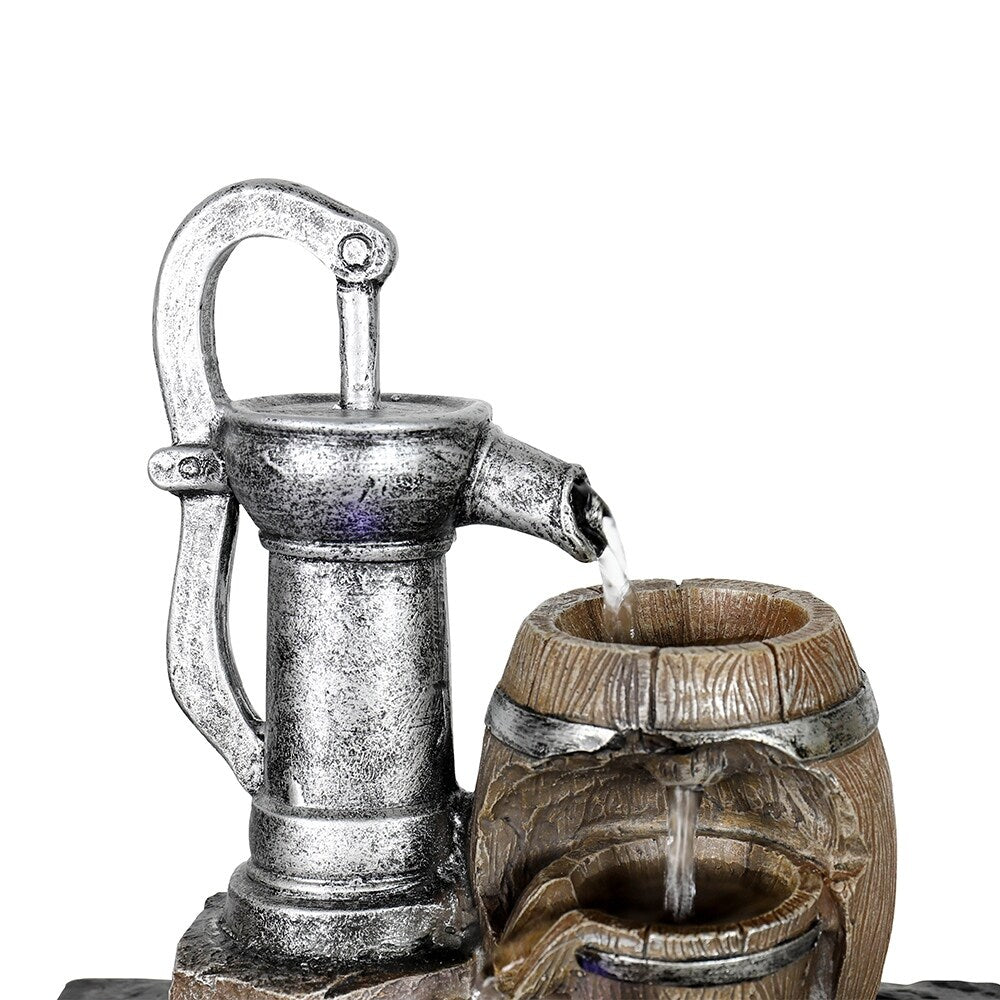 Vintage Pump and Barrels Tabletop Water Fountain w/LED Light for Home