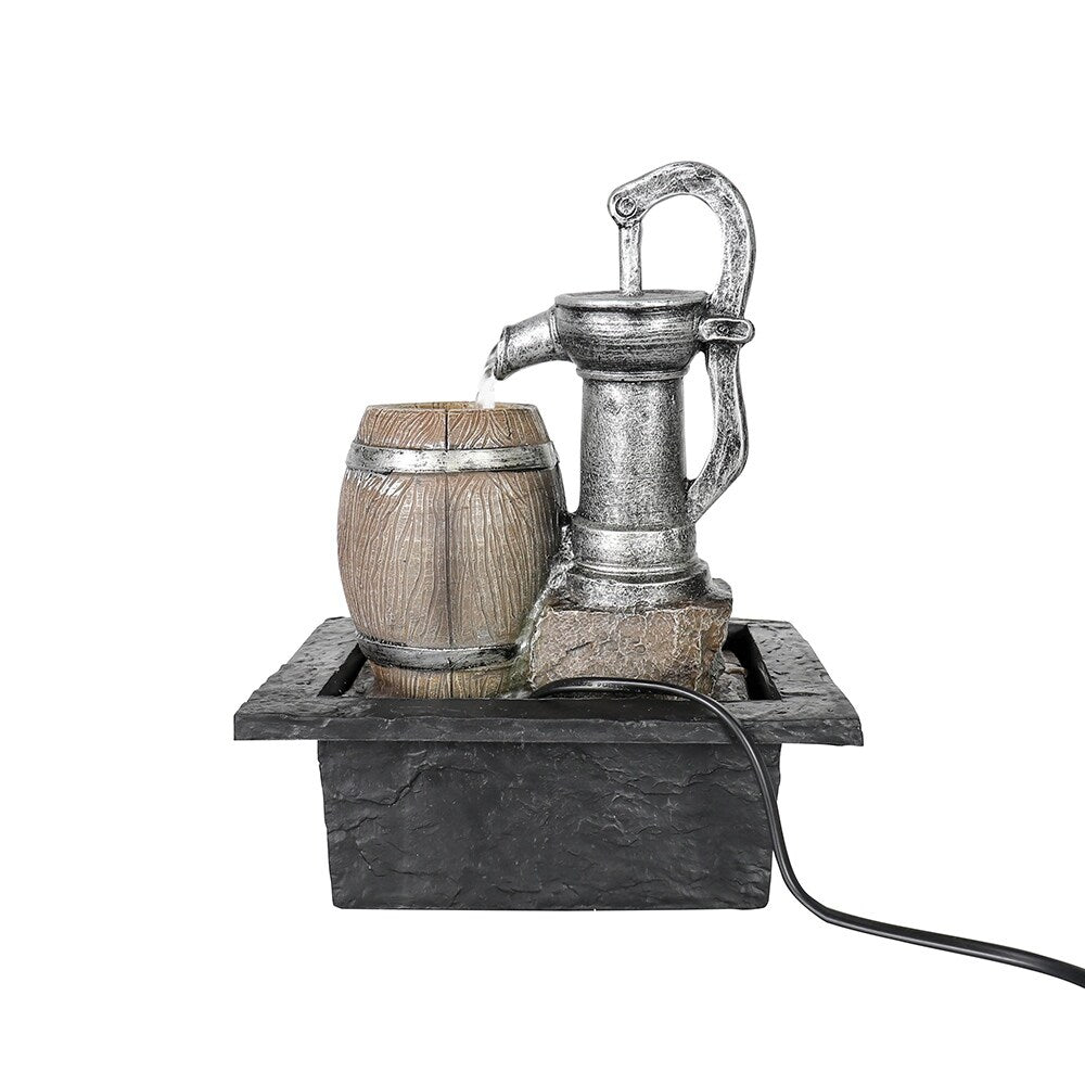 Vintage Pump and Barrels Tabletop Water Fountain w/LED Light for Home