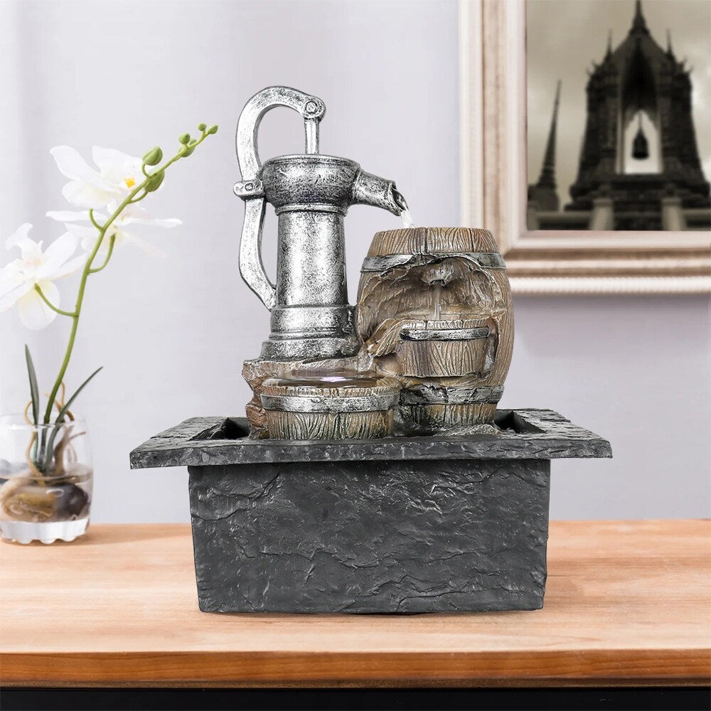 Vintage Pump and Barrels Tabletop Water Fountain w/LED Light for Home