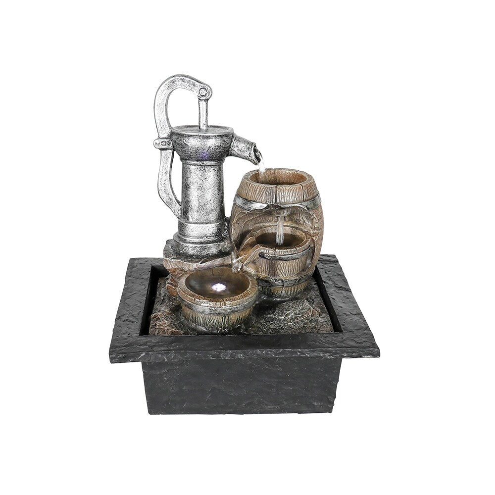 Vintage Pump and Barrels Tabletop Water Fountain w/LED Light for Home