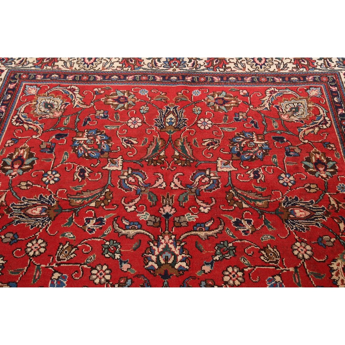 Vintage Red Flora Tabriz Persian Living Room Area Rug Wool Handmade - 6'7" x 9'5"