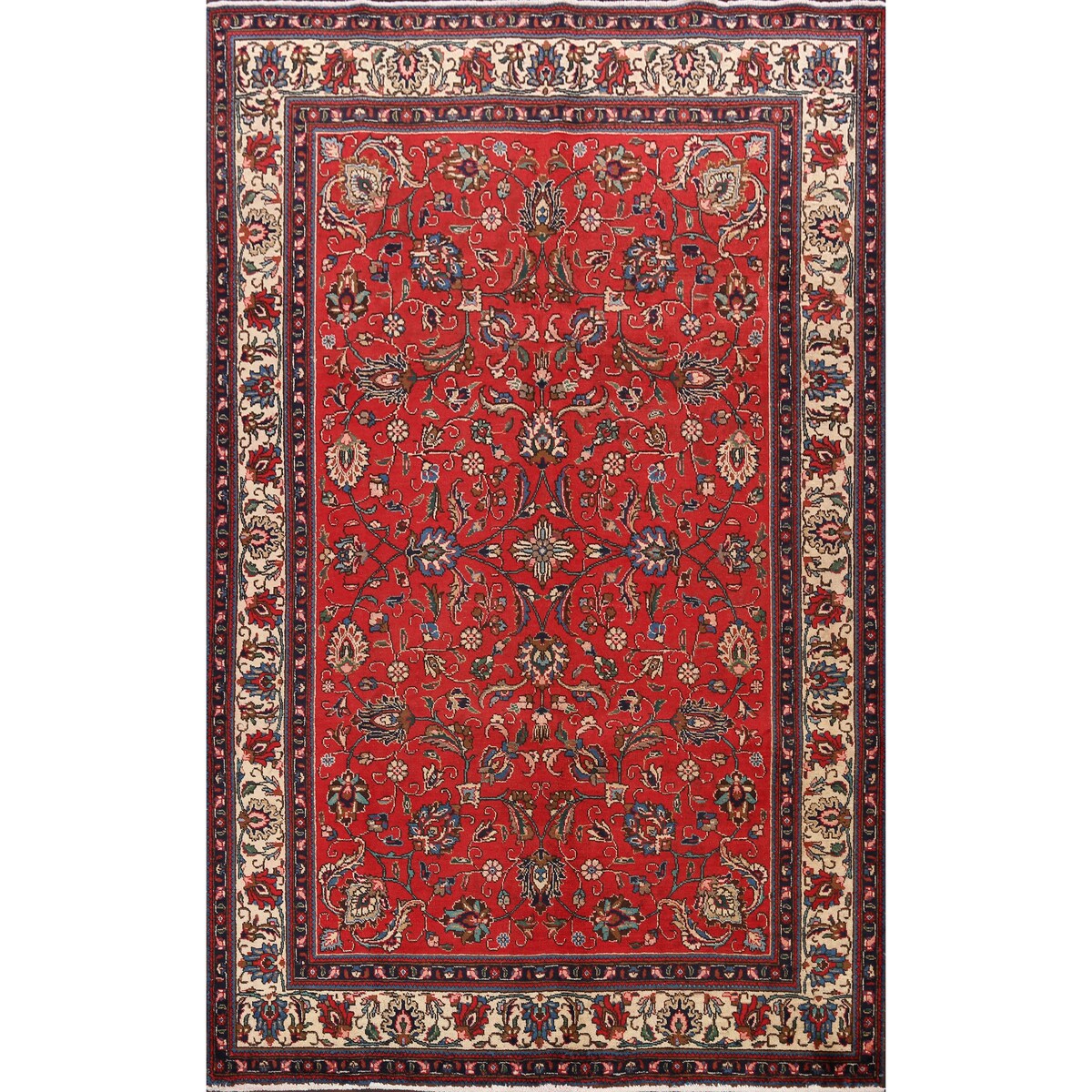 Vintage Red Flora Tabriz Persian Living Room Area Rug Wool Handmade - 6'7" x 9'5"