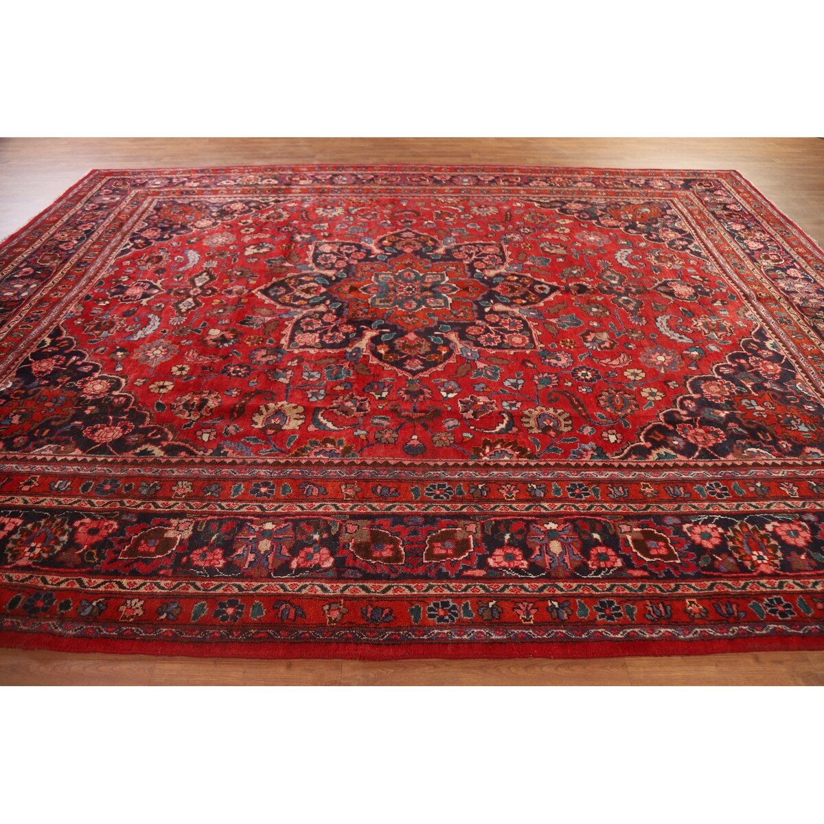 Vintage Red Mashad Persian Area Vintage Rug Handmade Wool Carpet - 10'4" x 13'0"