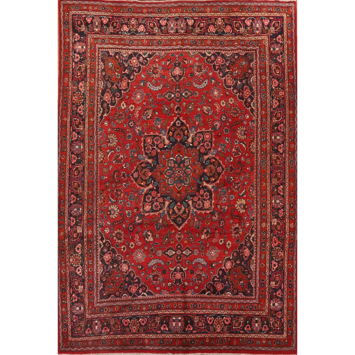 Vintage Red Mashad Persian Area Vintage Rug Handmade Wool Carpet - 10'4" x 13'0"