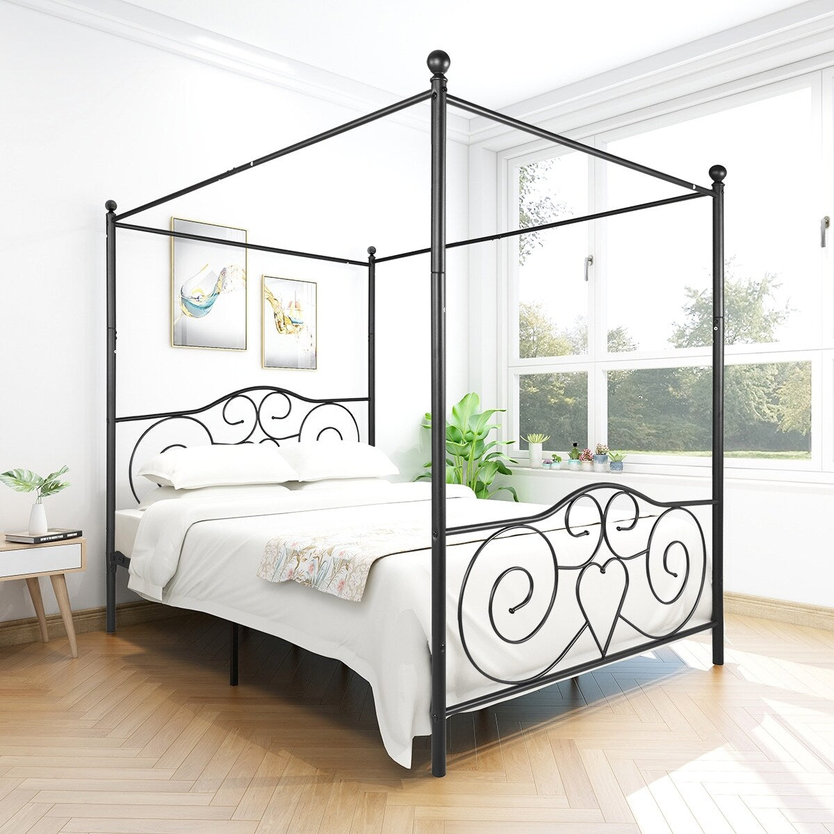 Vintage Style Queen Metal Canopy Bed, Bed Frame