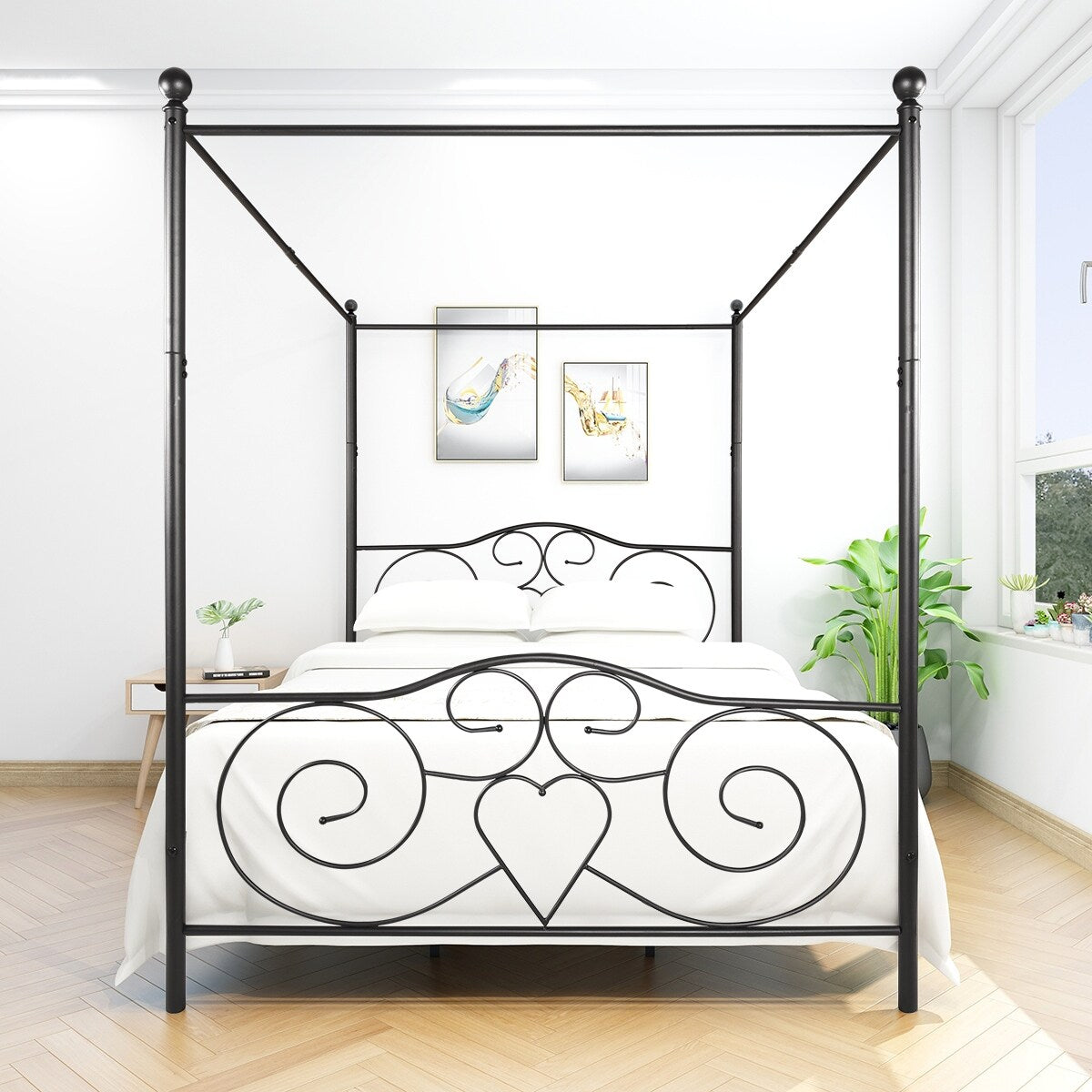 Vintage Style Queen Metal Canopy Bed, Bed Frame