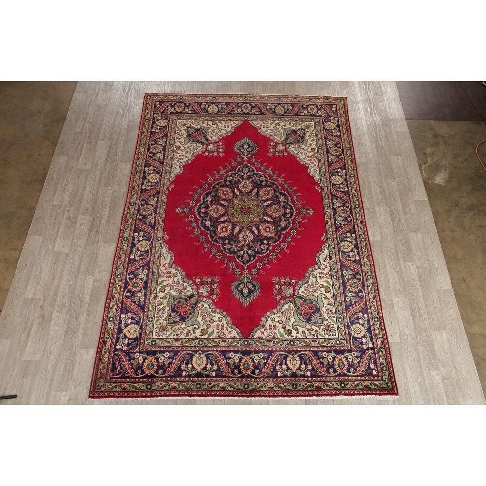 Vintage Tabriz Medallion Oriental Hand Knotted Wool Persian Area Rug - 11'5" x 8'0"