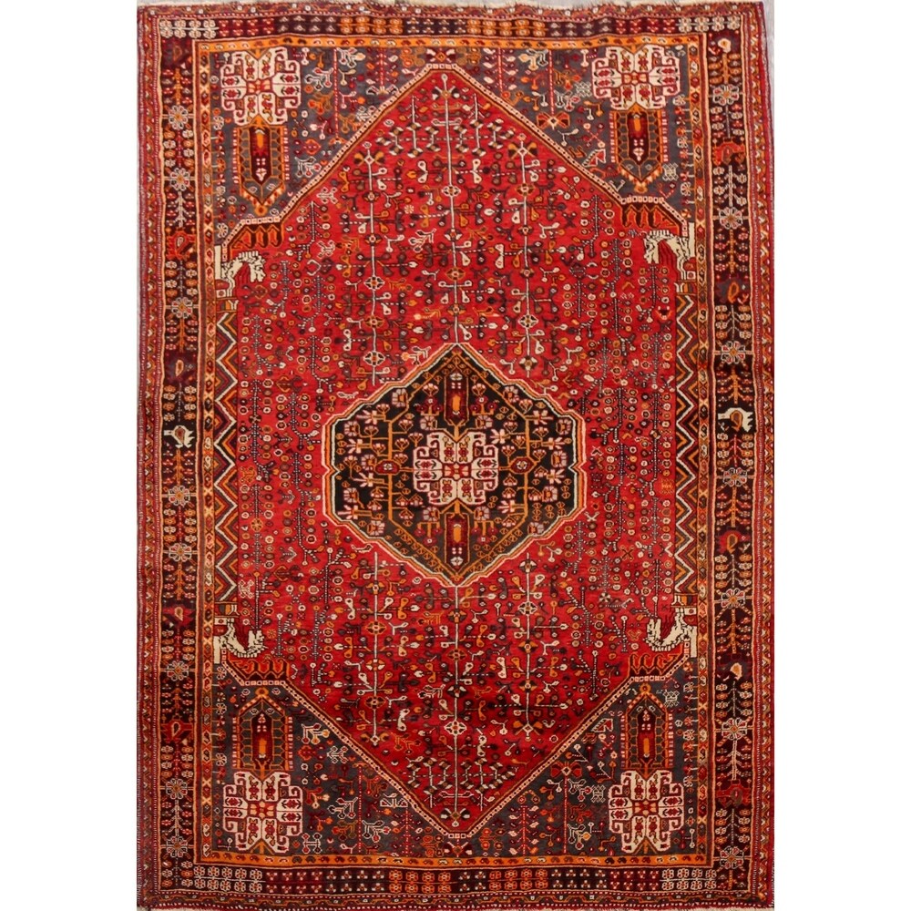 Vintage Tribal Geometric Lori Persian Area Rug Hand-Knotted Carpet - 5'3" x 7'11"