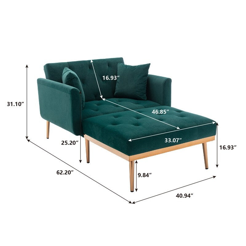 Vintage Tufted Chaise Lounge Velvet Accent Chair Living Room Arm Chairs with Chair & Ottoman Sets and Metal Legs, Green