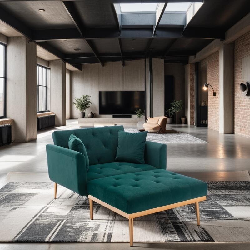 Vintage Tufted Chaise Lounge Velvet Accent Chair Living Room Arm Chairs with Chair & Ottoman Sets and Metal Legs, Green