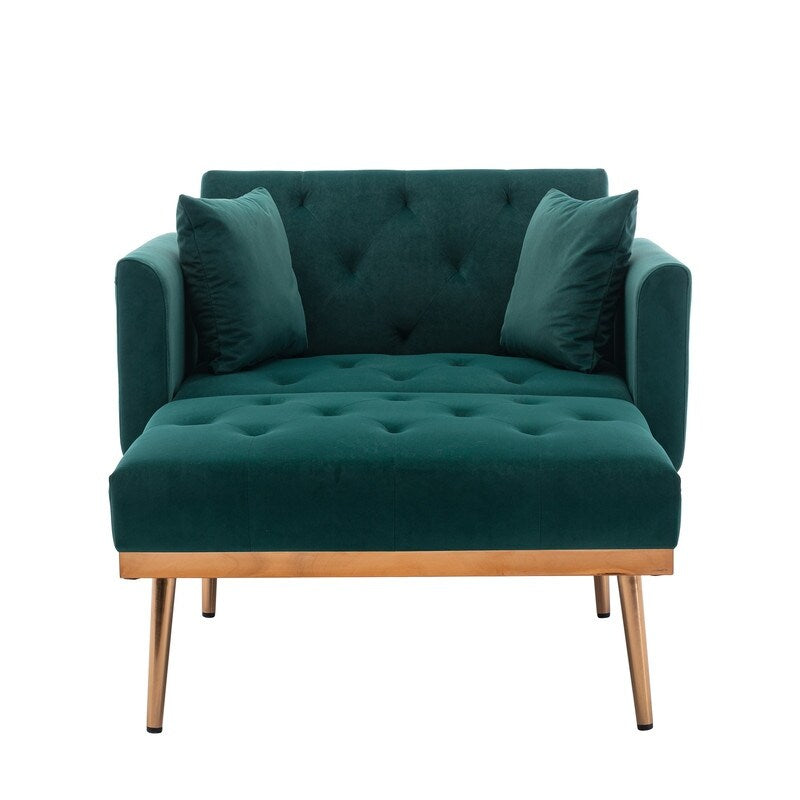Vintage Tufted Chaise Lounge Velvet Accent Chair Living Room Arm Chairs with Chair & Ottoman Sets and Metal Legs, Green