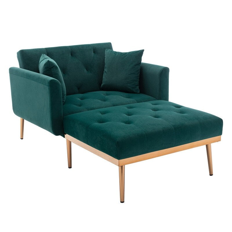 Vintage Tufted Chaise Lounge Velvet Accent Chair Living Room Arm Chairs with Chair & Ottoman Sets and Metal Legs, Green