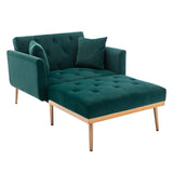 Vintage Tufted Chaise Lounge Velvet Accent Chair Living Room Arm Chairs with Chair & Ottoman Sets and Metal Legs, Green